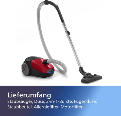 Philips Staubsauger der Serie 2000 mit Beutel - 900 W Leistung mit Allergiefilter, Reichweite 9 m (F