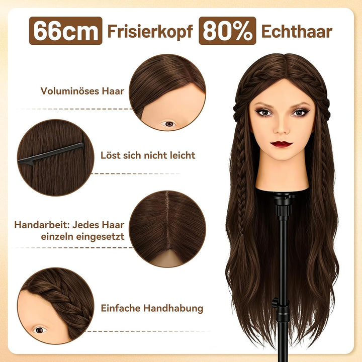 TwoWin Friseurkopf mit Haaren, 26 Zoll (66 cm) 80% Echthaar Mannequin Kopf, Make-up Übungskopf, Trai