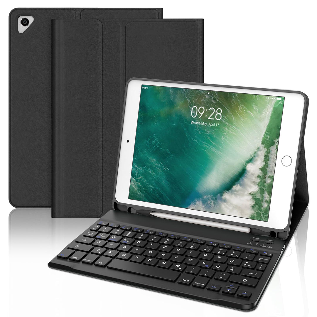 IVEOPPE Hülle mit Tastatur für iPad 6. Generation 9.7 Zoll, Deutsches QWERTZ Layout, Magnetisch Abne