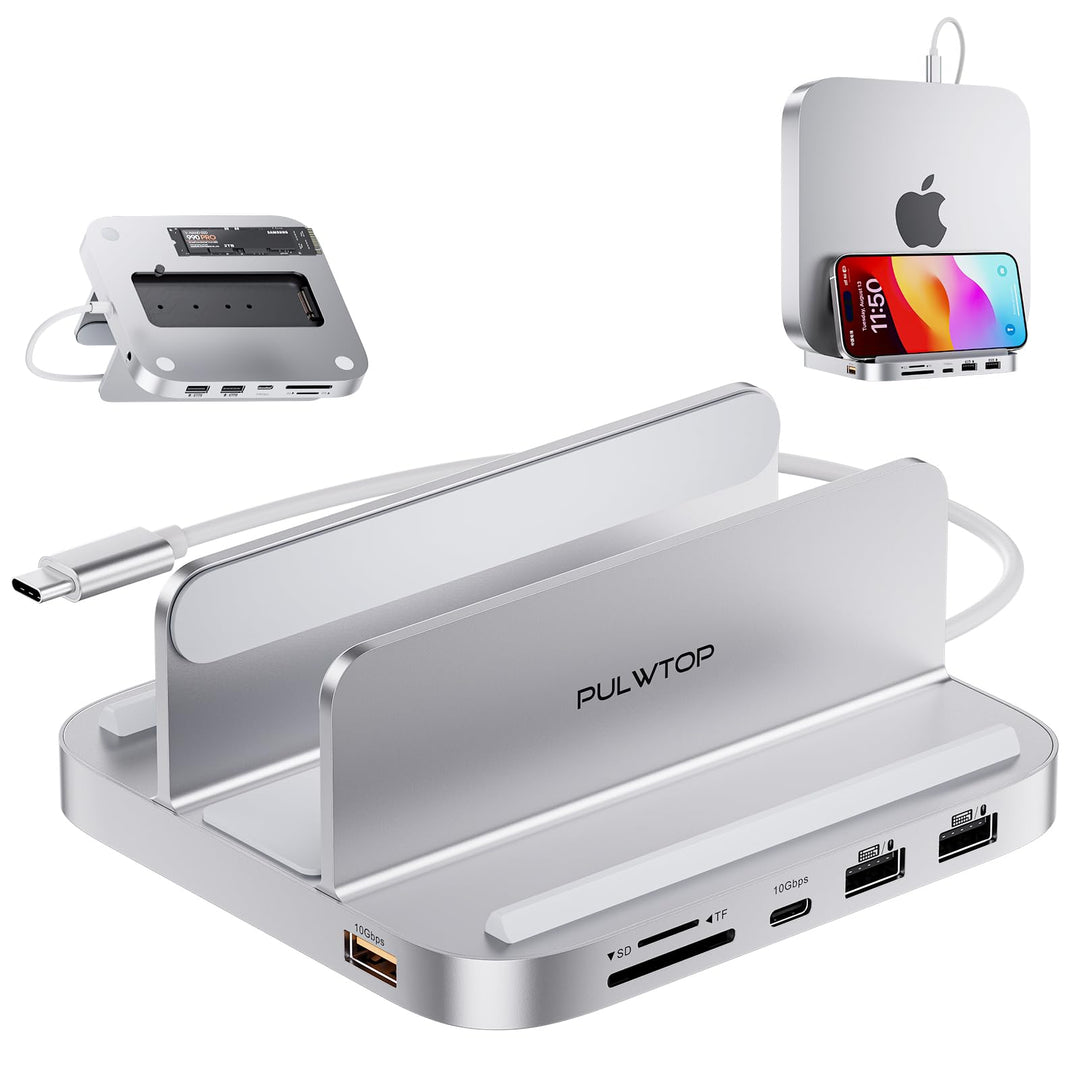 PULWTOP Mac mini Hub Ständer mit M.2 PCIe NVMe SSD-Gehäuse, 8-in-1 Vertikale Dock mit USB A/C 10 Gbi