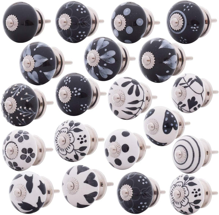 Knober 20 X Stück Möbelknöpfe Keramik schwarz weiss handbemalt Shabby-Chic Vintage, Schwarz