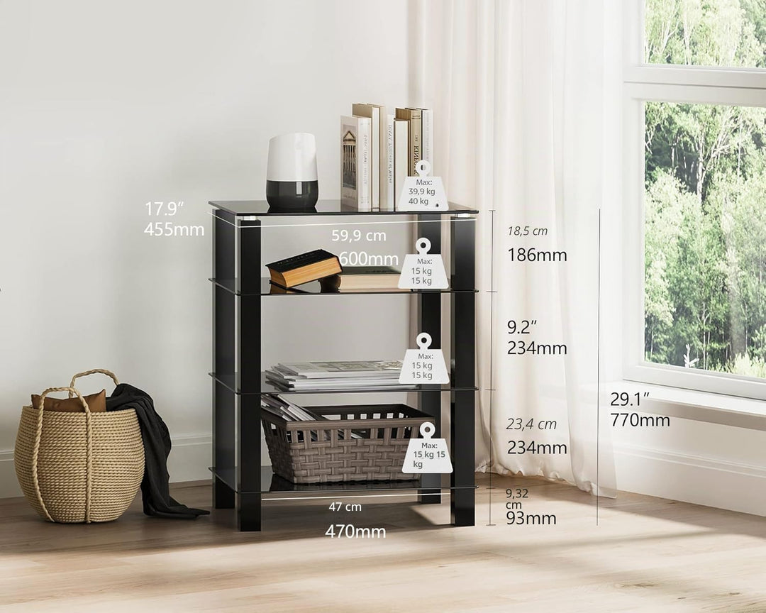 FITUEYES TV Rack HiFi Regal Audio Schrank Glas und Alu 600x455x770mm AS406002GB