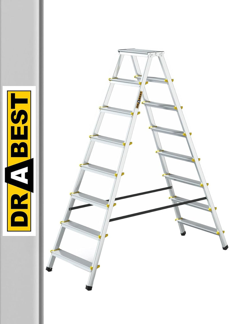 DRABEST Trittleiter Klapptritt Alu Leiter 2 x 8 Stufen Beidseitig Mehrzweckleiter bis 125 kg Belastb