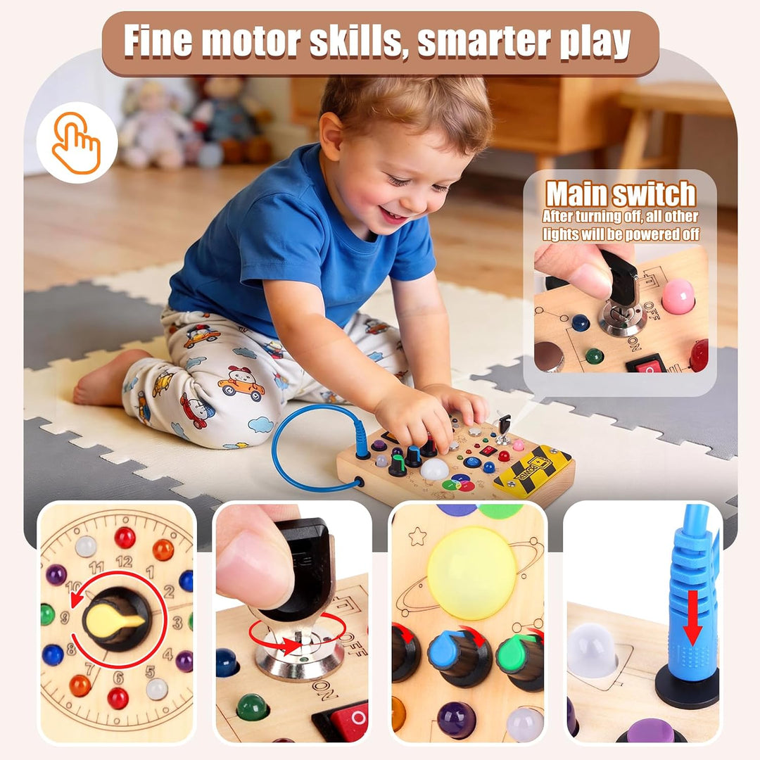 Konijiwa Montessori Busy Board Spielzeug ab 1 Jahr Activity Board Holzspielzeug mit 12 Schalter 24 L