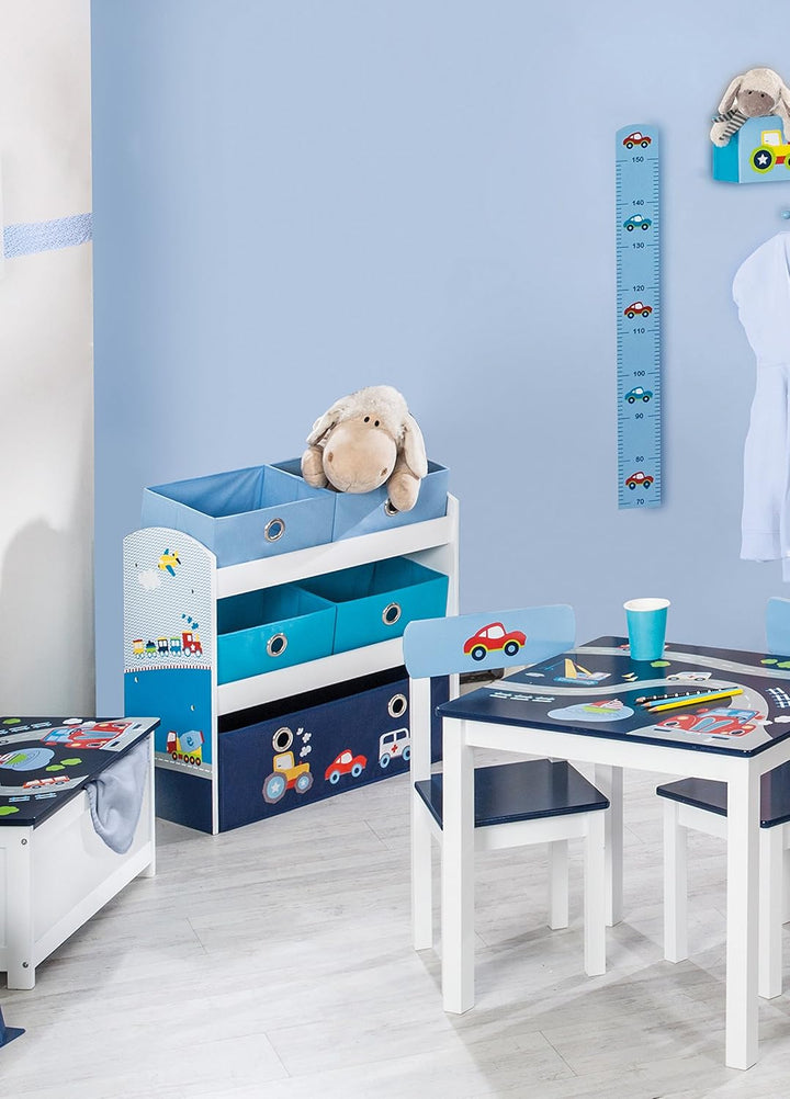roba Spielzeugregal Rennfahrer - Spielregal für Kinderzimmer mit 5 Boxen aus Stoff - mit Auto Motiv