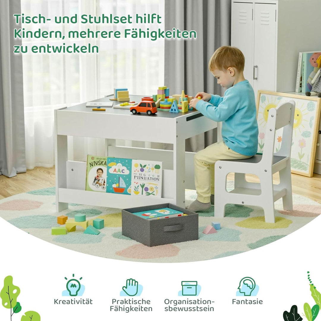 MAMIZO Kindertisch mit 2 Stühlen, 3 in 1 Kinder Tisch Stuhl Set, Kindermöbel Set aus Holz mit Staura