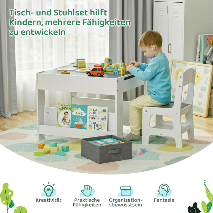 MAMIZO Kindertisch mit 2 Stühlen, 3 in 1 Kinder Tisch Stuhl Set, Kindermöbel Set aus Holz mit Staura