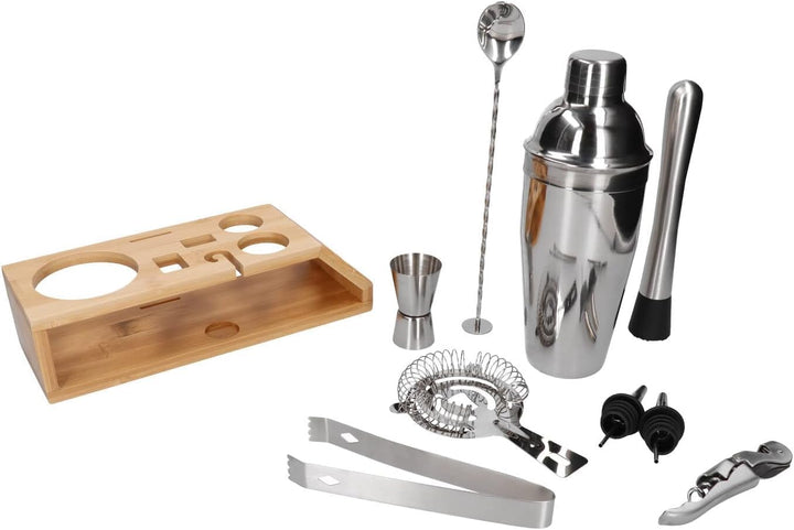Whiskey Rocks 10-er Edelstahl Cocktail Set mit Bambusständer - Barkeeper Set mit Metall Shaker, Jigg
