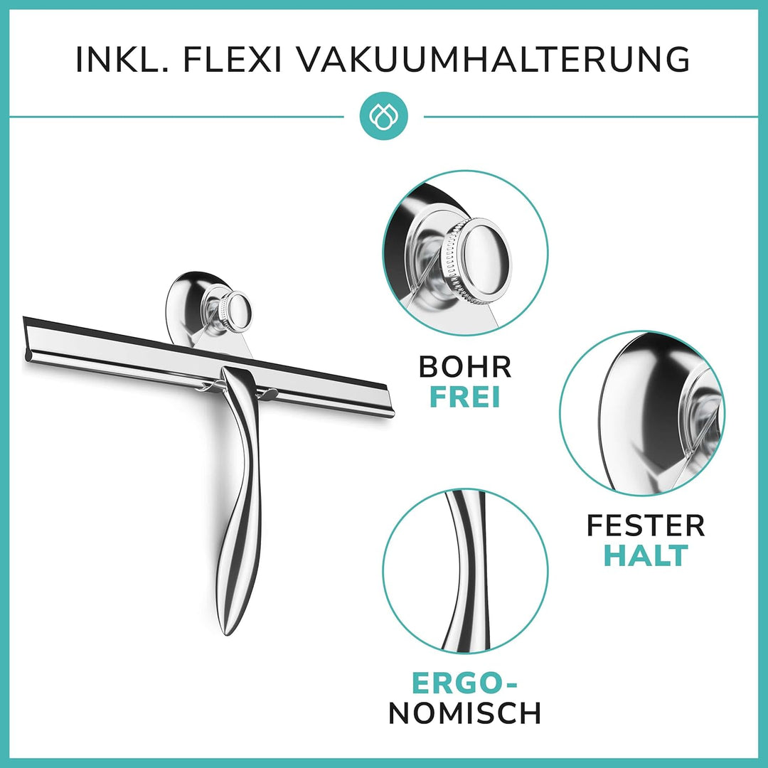 Extra breiter Duschabzieher 30,5 cm aus Edelstahl mit Silikonrand - Edelstahl Duschabzieher inkl. Sa