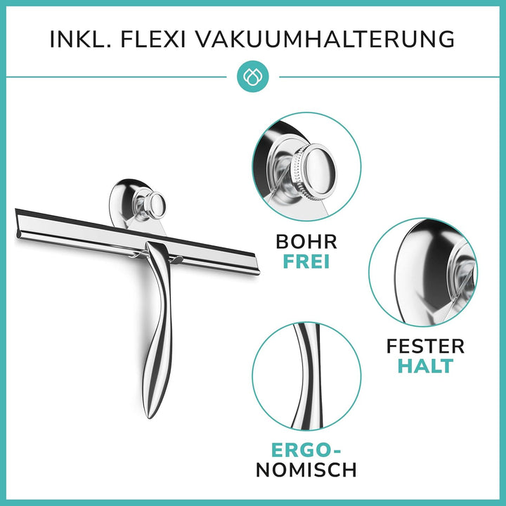 Extra breiter Duschabzieher 30,5 cm aus Edelstahl mit Silikonrand - Edelstahl Duschabzieher inkl. Sa
