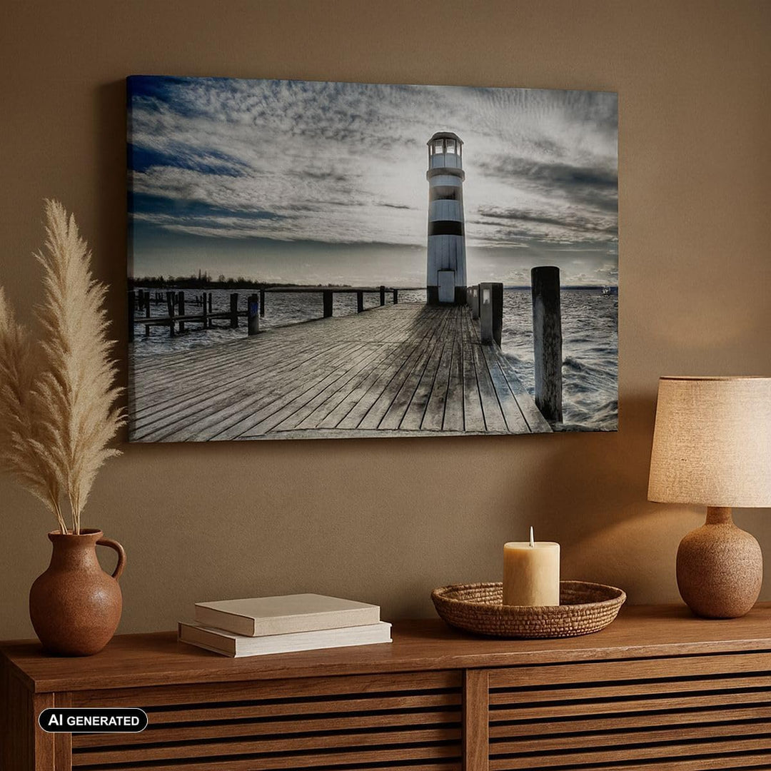 Bilder auf Leinwand 100x70cm Leinwandbild See Leuchtturm Holzbrücke Wasser Gross Wanddeko Bild Schla