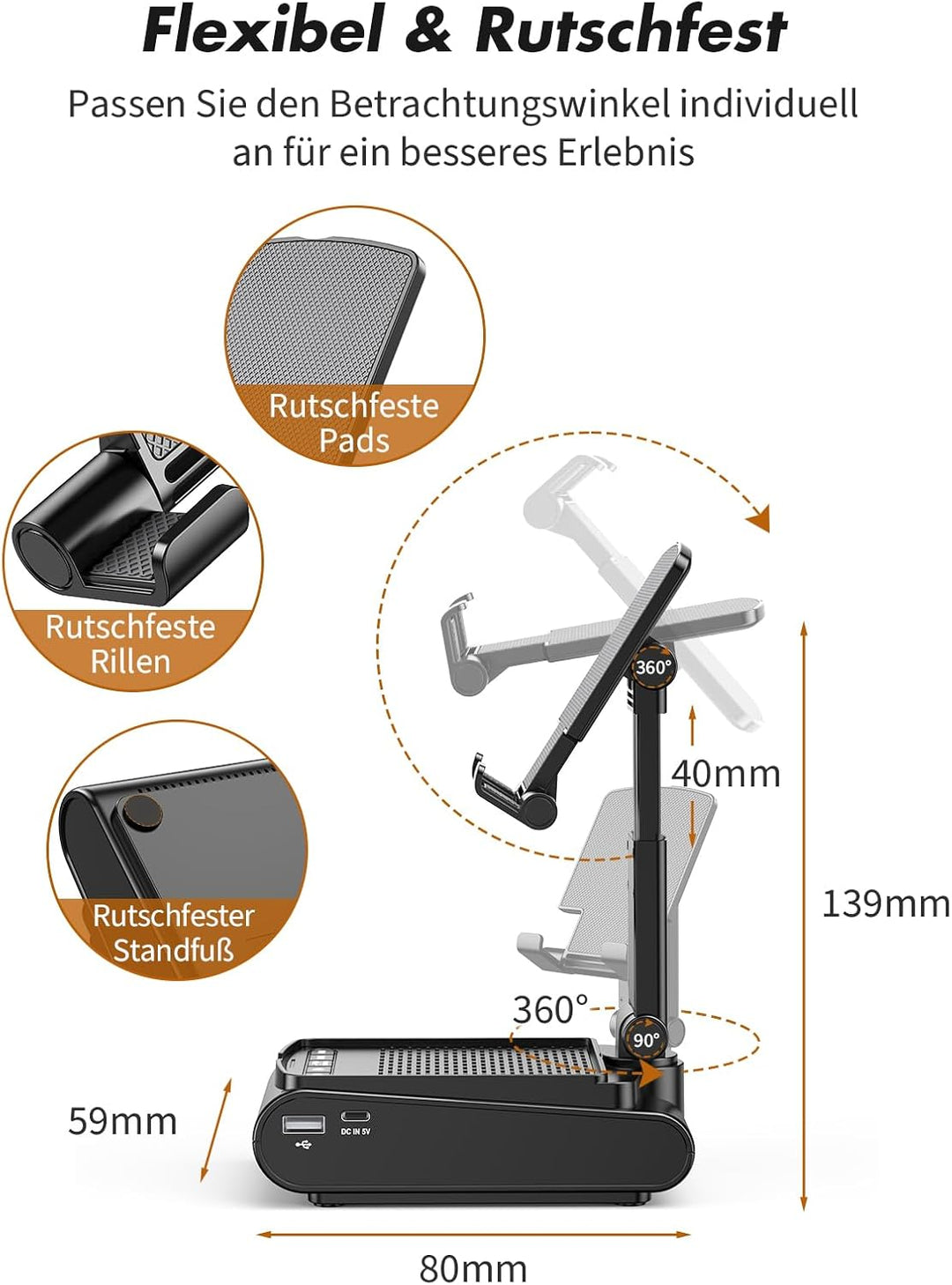 Rolgno Bluetooth Lautsprecher mit Handyständer, HD-Surround-Sound Bluetooth Box, Verstellbarer Handy