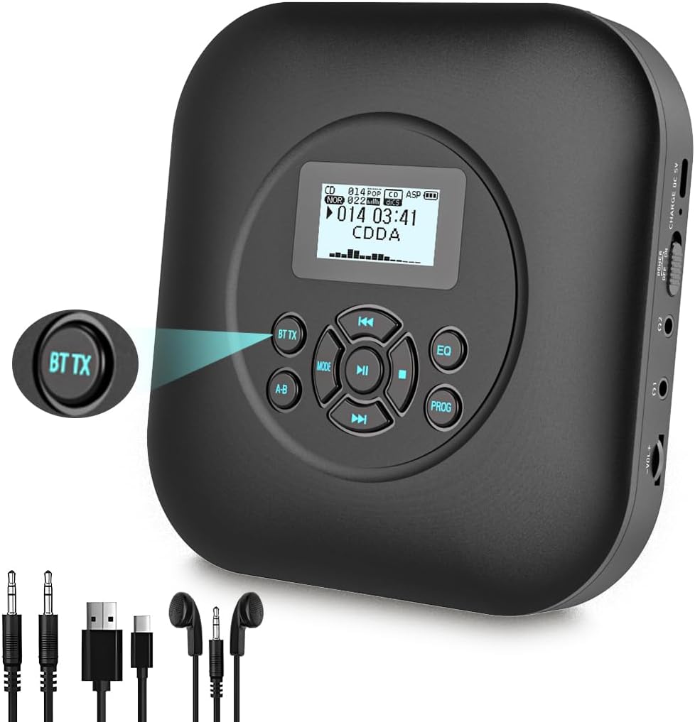 Tragbarer CD Player Bluetooth mit Lautsprechern, wiederaufladbarer 1800mAh CD-Player tragbar mit Sto