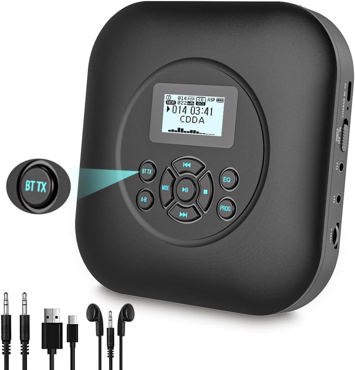 Tragbarer CD Player Bluetooth mit Lautsprechern, wiederaufladbarer 1800mAh CD-Player tragbar mit Sto