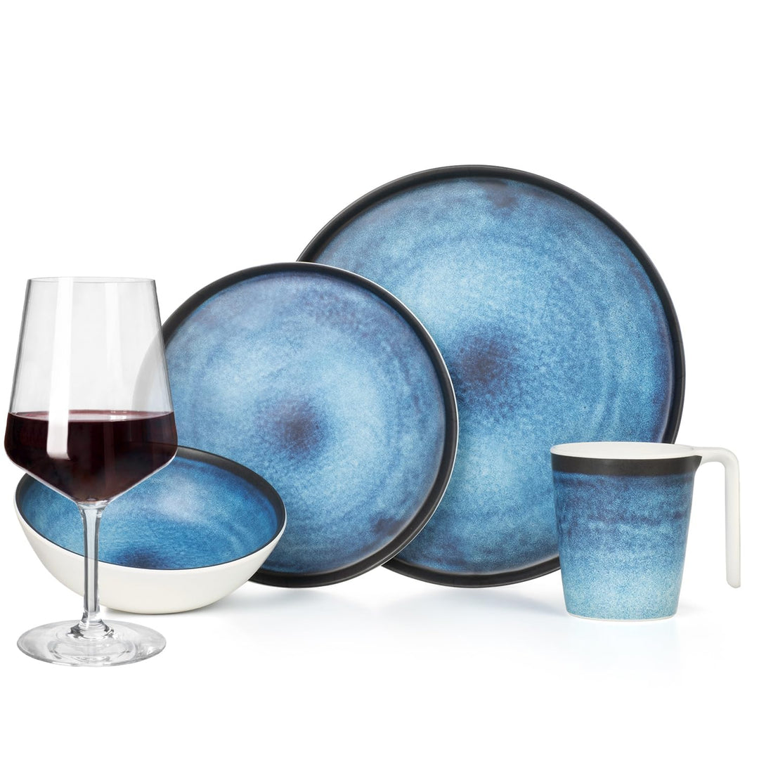 Melamin Camping Geschirr Set 4 Personen Deep Ocean + 4 Milano Rotwein Gläser Rot Weingläser Tafelges