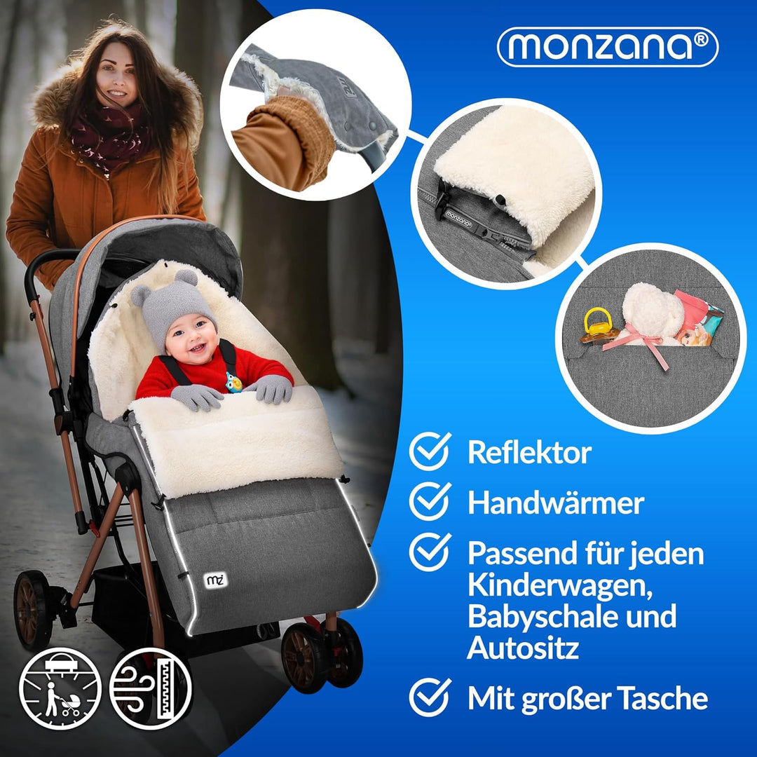 MONZANA® Baby Fusssack für Kinderwagen mit Handwärmer Winter Reflektoren Reissverschluss Tasche Wasc
