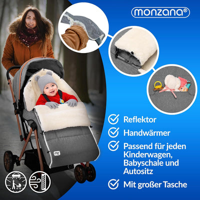 MONZANA® Baby Fusssack für Kinderwagen mit Handwärmer Winter Reflektoren Reissverschluss Tasche Wasc