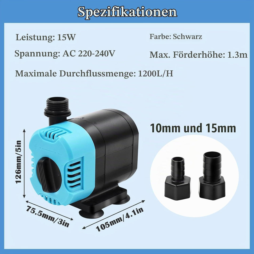 Tauchwasserpumpe 1200l/H 15W,AolKee Ultra Ruhige Wasserbrunnen Pumpe, Wasserdichte Bewertung IPX8 ve