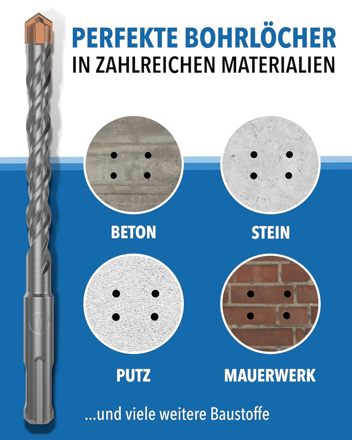 SDS Plus Betonbohrer – 7-teilig inkl. Kassette – Ø 5, 6, 6, 8, 8, 10, 12 mm x 156 mm – Profi Bohrset
