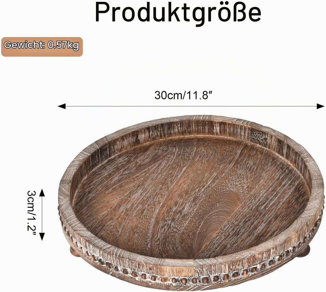 Tablett aus Holz, Vintage Dekoteller dekoratives Tablett im Bauernhausstil, 30cm Rund Holztablett Ta