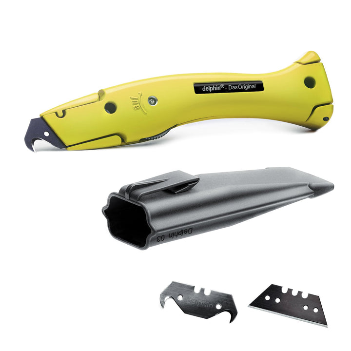 Delphin®-03 Teppichmesser | Lime | 1 Hakenklinge | 1 Trapezklinge | Kunststoffköcher | Limitierte Au