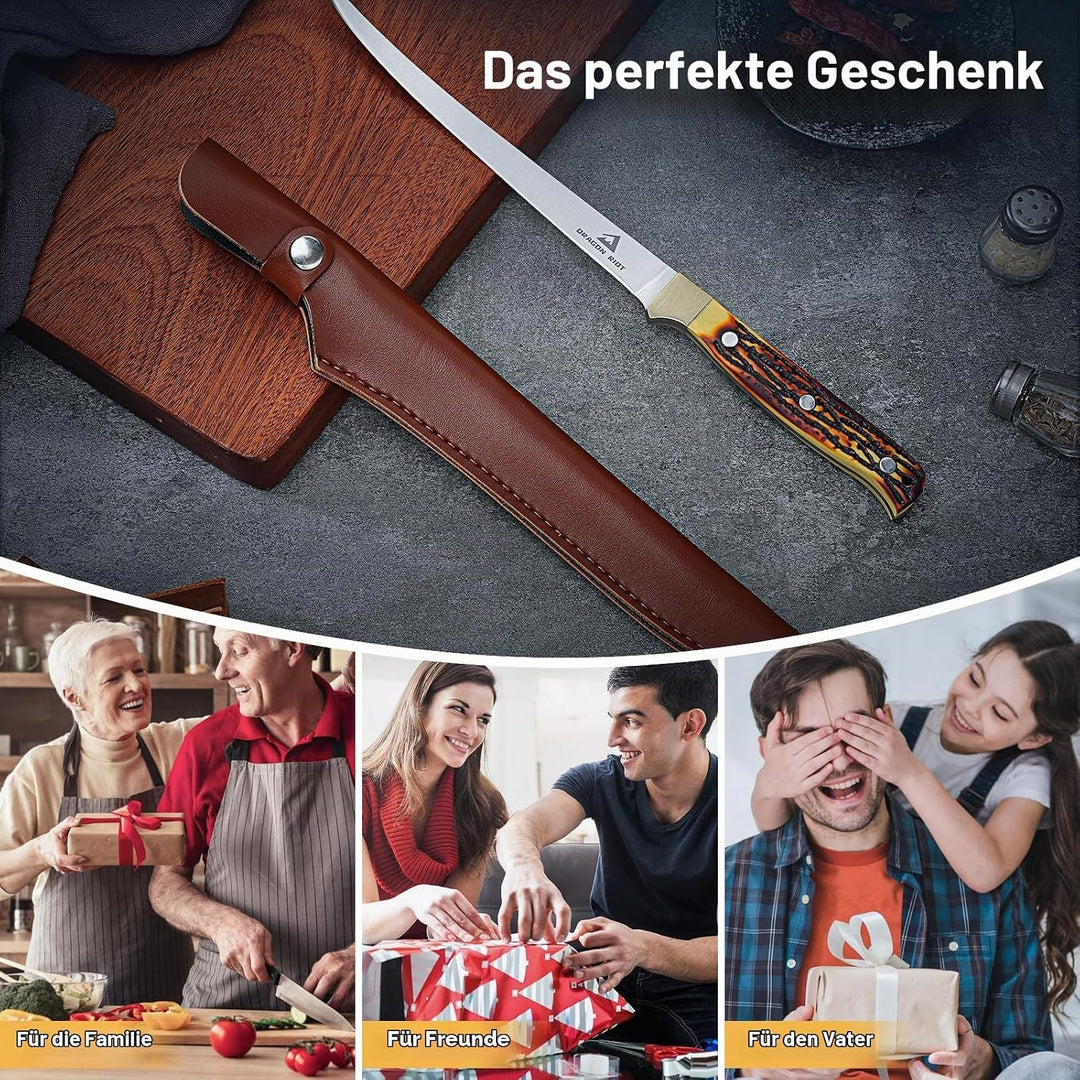 DRAGON RIOT Filetiermesser Fisch, 18.5 CM Fishing Edelstahl Fischmesser mit Anti-Rutsch-Griff，Ausbei