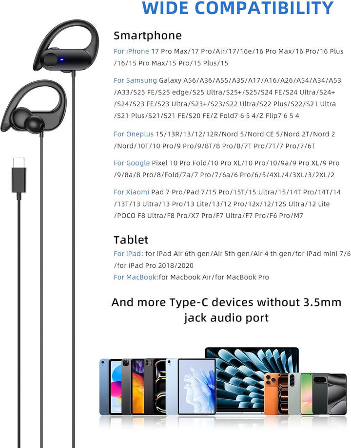 Open Ear Kopfhörer USB C mit Kabel für iPhone 17Pro 16e,Typ C Kopfhörer Over Ear Haken Headset mit M