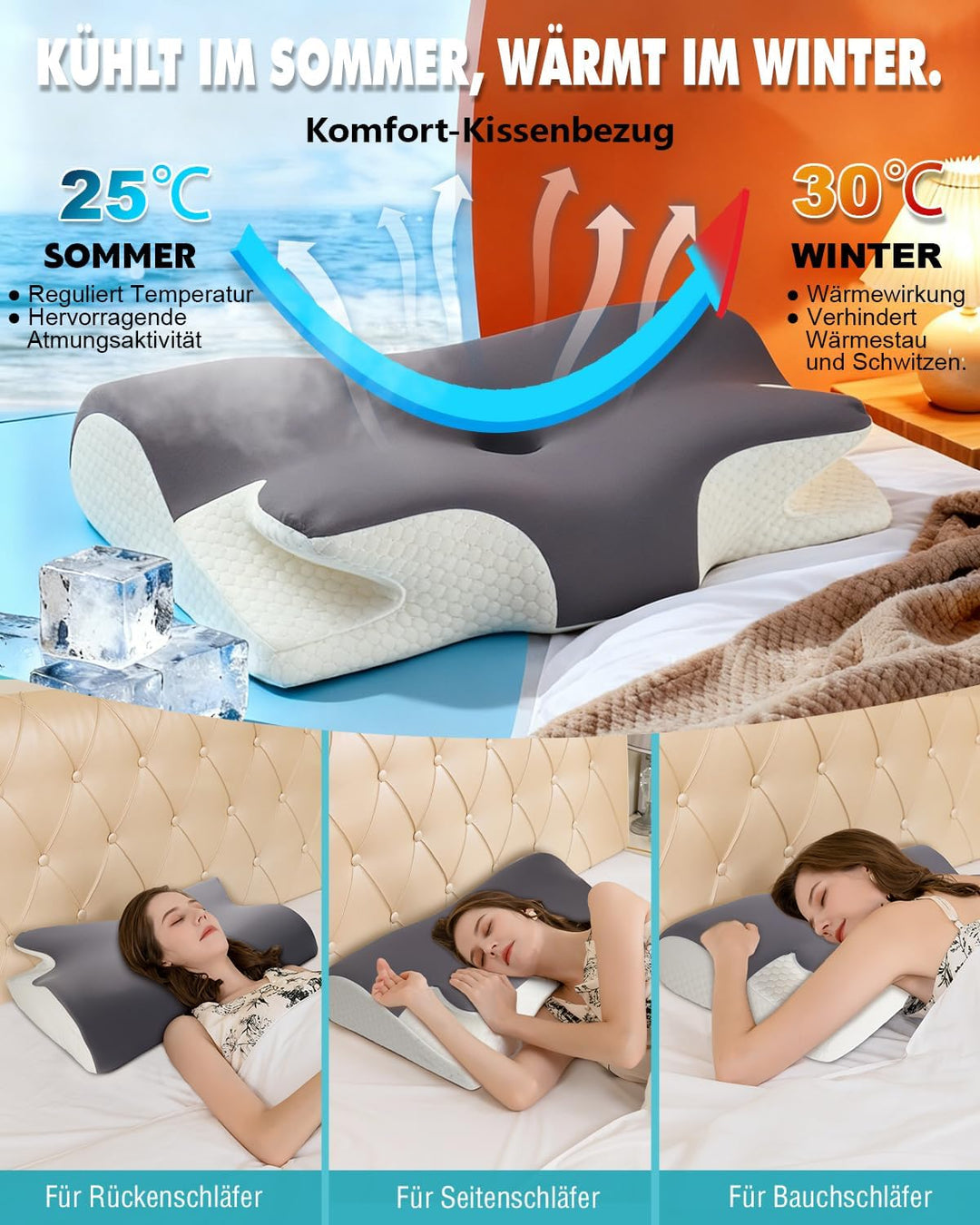 Nackenkissen Kopfkissen Nackenschmerzen, Ergonomisches Memory Foam Nackenstützkissen, Orthopädische