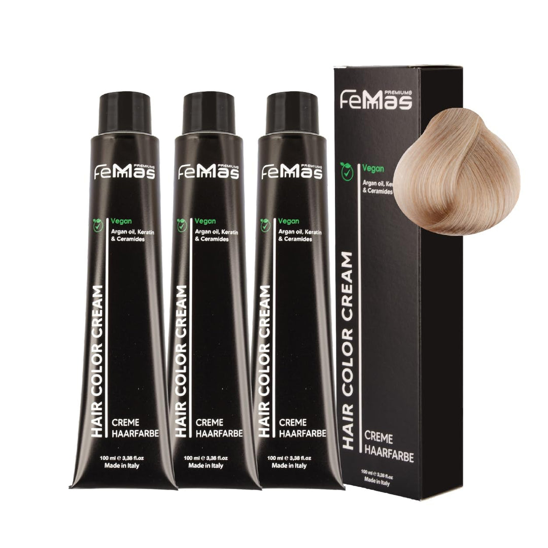 FemMas Haarfarbe 3x Sehr Hellblond Perlblond 9.08 I Creme Haarfarbe mit Arganöl, Keratin & Ceramiden