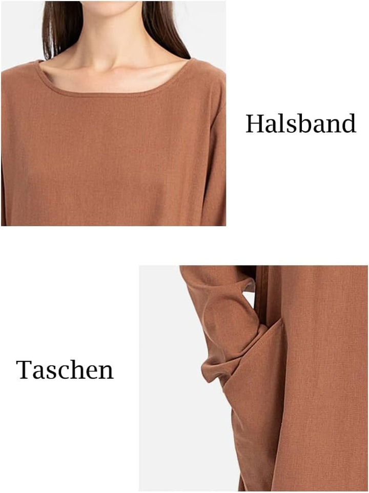 FTCayanz Damen T-Shirt Tunika Kleid Langes Leinenkleider Elegant Langarm Blusenkleid Mini Kleider M