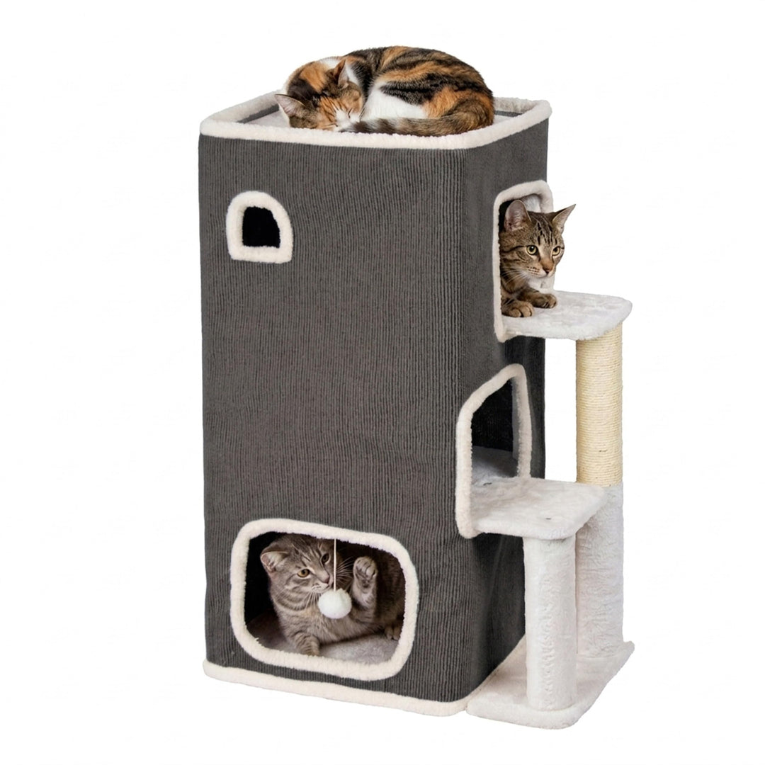 Relaxdays Katzenhaus 3-stöckig, Katzenhöhle mit Ball &amp; Kratzbaum, grau | HxBxT: 83,5x43x34 cm, Tierh