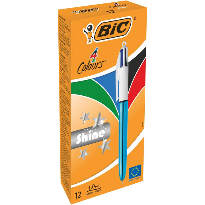 BIC 4 Farben Kugelschreiber Set 4 Colours Shine, Schaft in metallic blau, 12er Pack, Ideal für das B