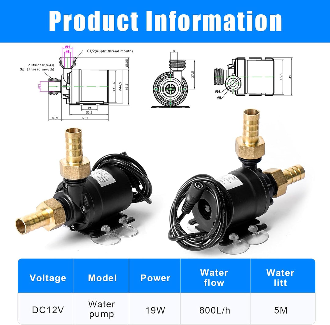 Wasserpumpe Brushless, DC 12V 800L/H Tauchpumpe Pumpe Wasser, 19W Bürstenlosen Unterwasserpumpe, Kle