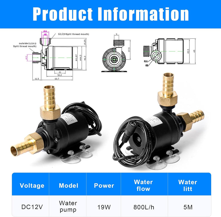 Wasserpumpe Brushless, DC 12V 800L/H Tauchpumpe Pumpe Wasser, 19W Bürstenlosen Unterwasserpumpe, Kle
