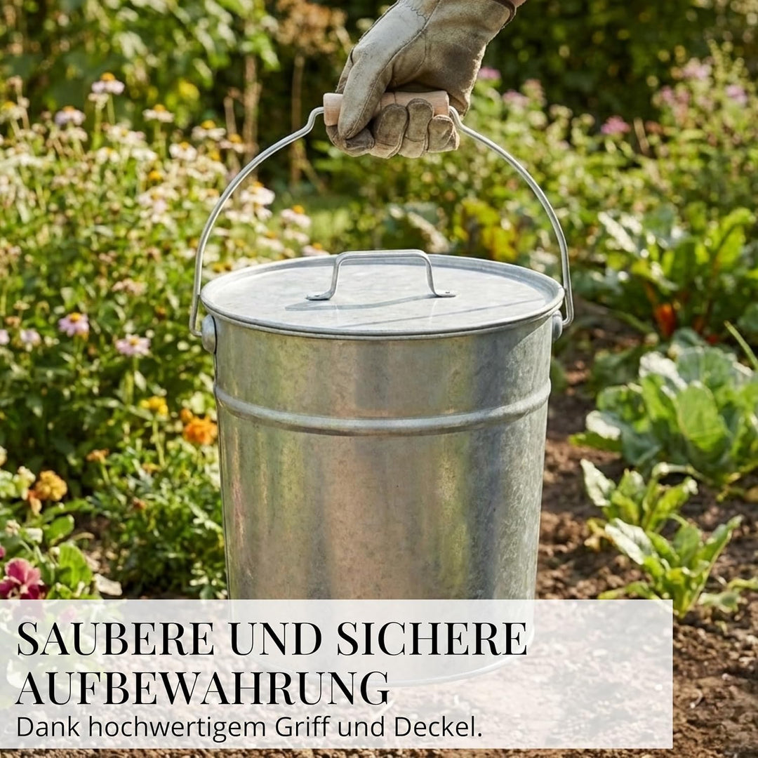 LIVLIG Premium Ascheeimer mit Deckel 12L Zink, exklusiver verzinkter Eimer mit Deckel für Moderne Ka