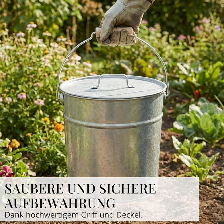 LIVLIG Premium Ascheeimer mit Deckel 12L Zink, exklusiver verzinkter Eimer mit Deckel für Moderne Ka