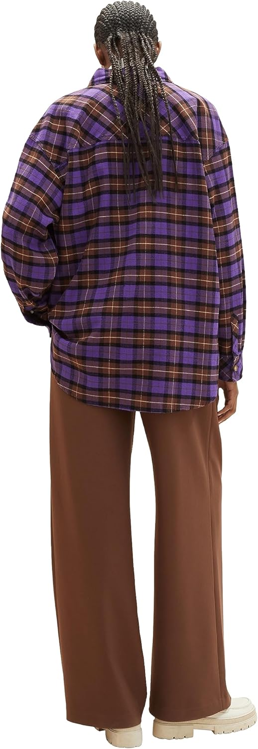 TOM TAILOR Denim Damen Oversized Flanell Bluse mit Karomuster M 32415 - Lilac Check, M 32415 - Lilac