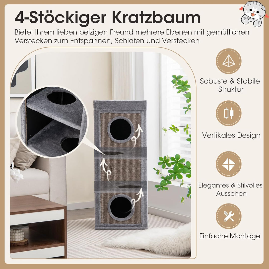 COSTWAY 4-stöckige Kratztonne Katzentonne, Kratzbaum mit Kratzbrett, 3 Katzenhöhlen &amp; Kissen, Spielt