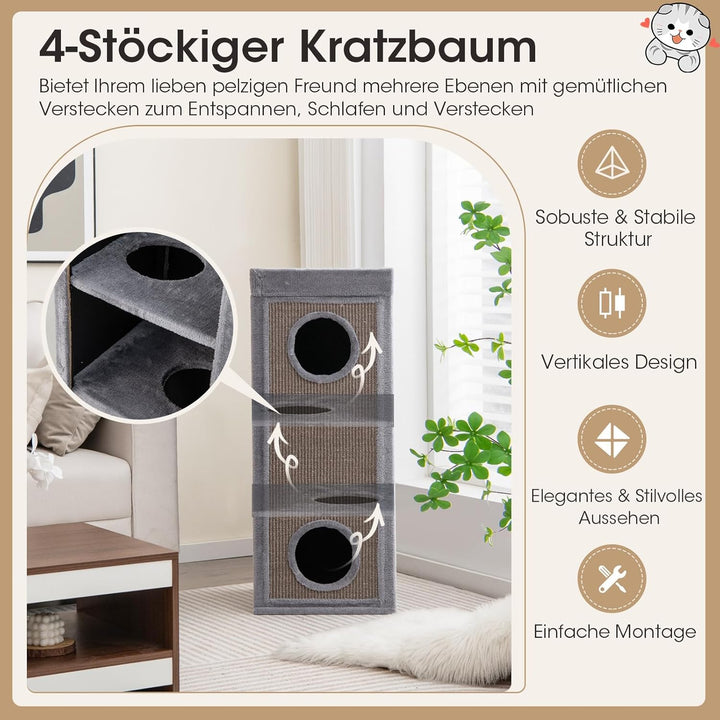COSTWAY 4-stöckige Kratztonne Katzentonne, Kratzbaum mit Kratzbrett, 3 Katzenhöhlen &amp; Kissen, Spielt