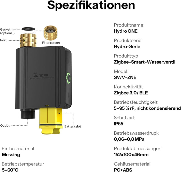 SONOFF SWV-ZNE Hydro ONE Lite Bewässerungscomputer Zigbee, Sprinkler-Timer mit Messinganschluss, Wet