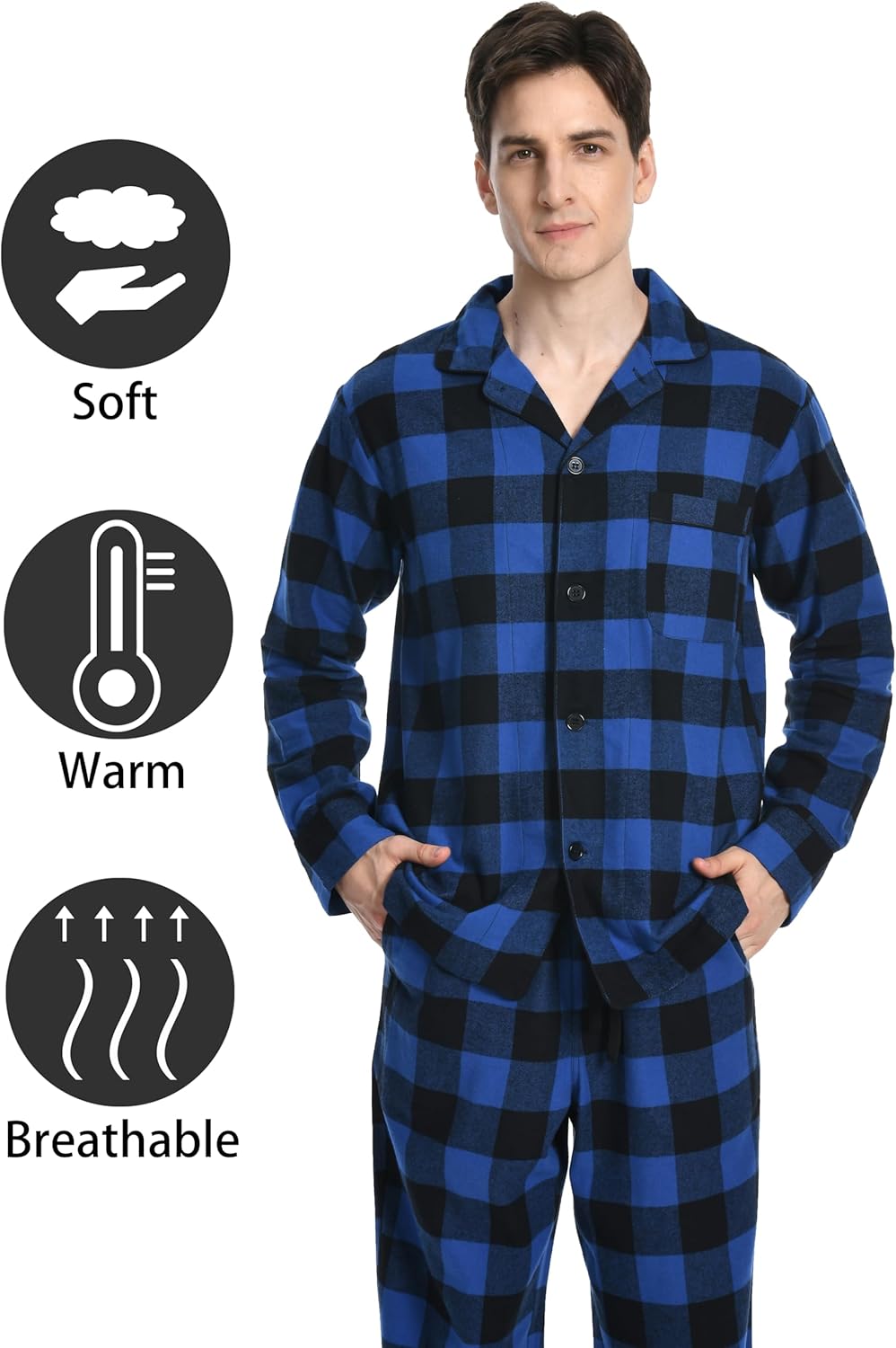Nutria Herren Schlafanzug Flanell, 100% Baumwolle Karierter Pyjama Set Weich Warm Loungewear Nachtwä