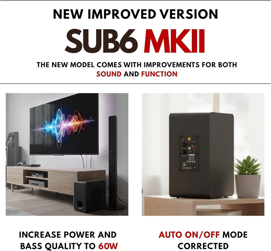 VULKKANO SUB6 MKII Kompakter aktiver Subwoofer mit 15,2 cm (6 Zoll) mit tiefem Bass und elegantem De