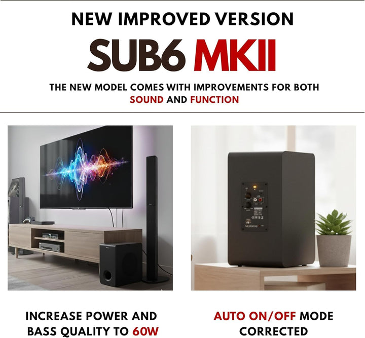 VULKKANO SUB6 MKII Kompakter aktiver Subwoofer mit 15,2 cm (6 Zoll) mit tiefem Bass und elegantem De