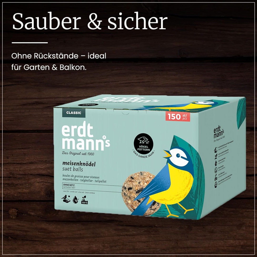 Erdtmanns - 150 Meisenknödel ohne Netz für Wildvögel im Karton I Umweltfreundlich I Vielfältige Zusa