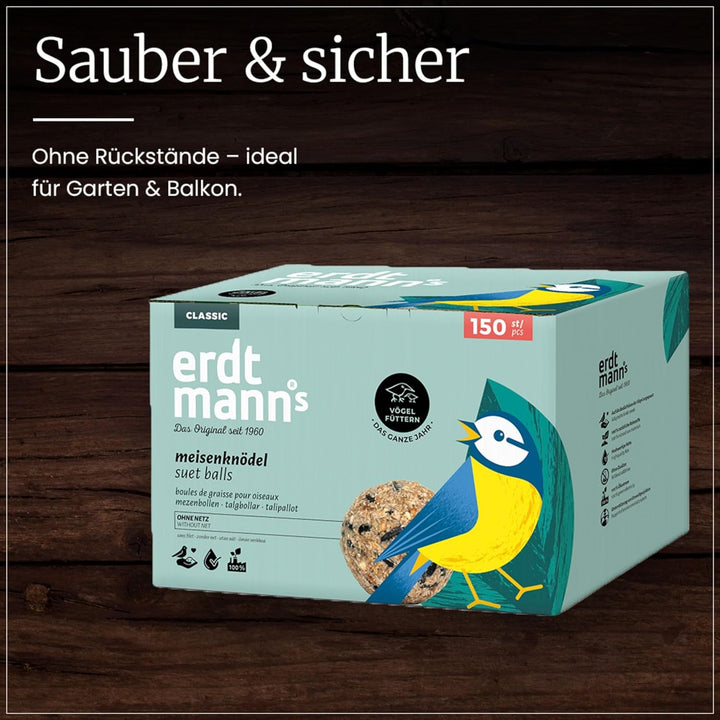Erdtmanns - 150 Meisenknödel ohne Netz für Wildvögel im Karton I Umweltfreundlich I Vielfältige Zusa