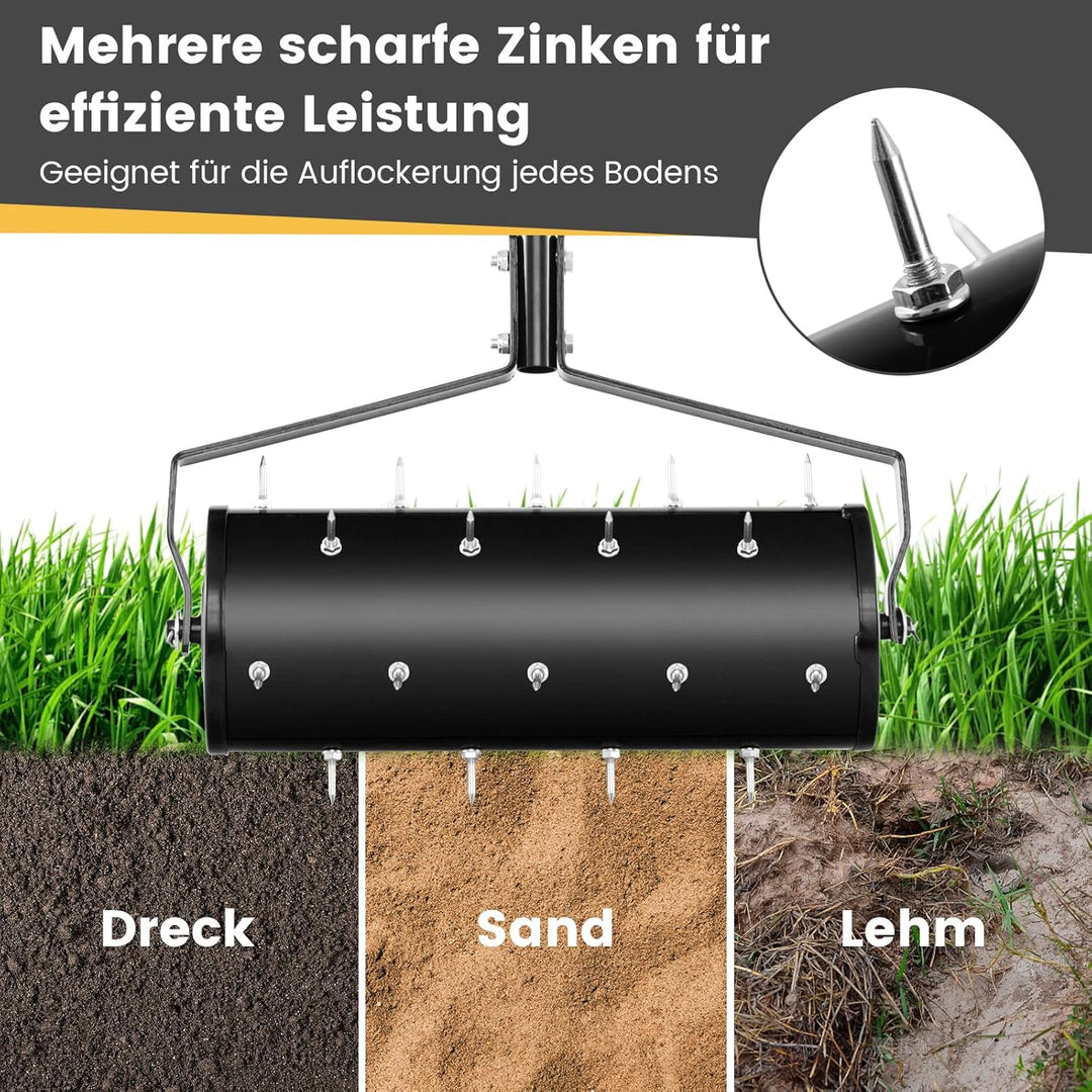 GOPLUS Rasenbelüfter, Handvertikutierer mit Stiel & 3,4cm Nägeln, rollender Aerifizierer, manueller