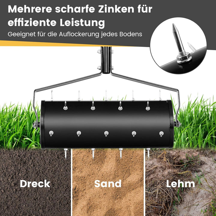GOPLUS Rasenbelüfter, Handvertikutierer mit Stiel & 3,4cm Nägeln, rollender Aerifizierer, manueller