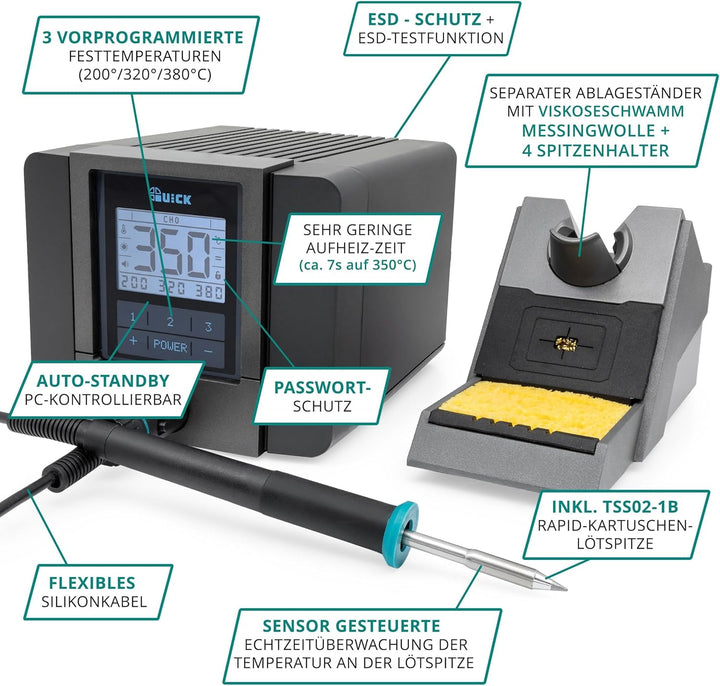 QUICK TS1200 digital regelbare ESD Lötstation 120 Watt inkl. Lötkolben mit 1 mm Rapid-Kartuschen-Löt
