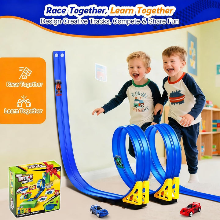 Autorennbahn 5M Inklusive 4 Autos, Auto Rennbahn Mit Looping und U Track, Rollt Auf Dual Rennstrecke