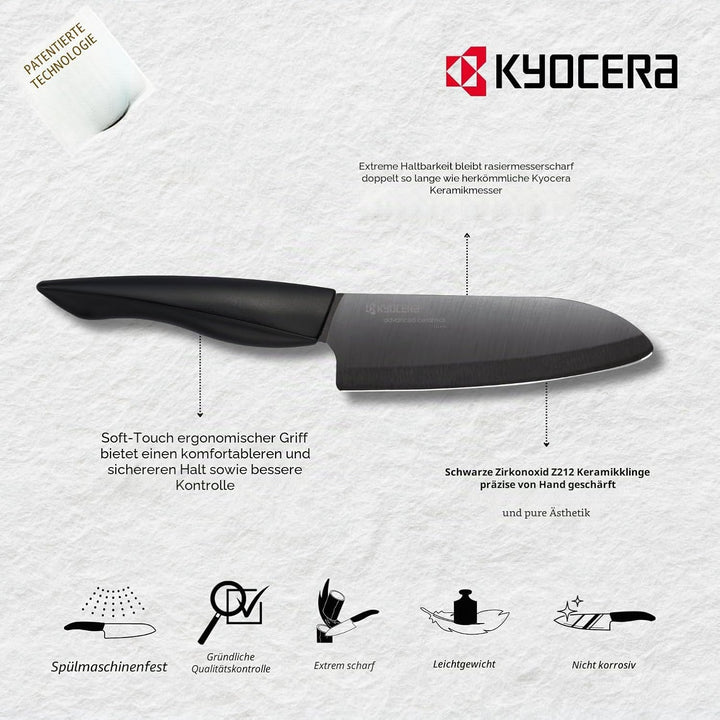 Kyocera Soft-Touch Messerblock Schwarz | 4 SHIN Keramik Messer | Santoku, Universalmesser, Gemüsemes